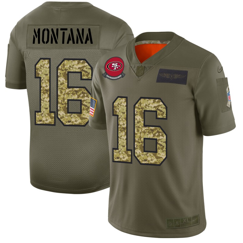 Men's San Francisco 49ers #16 Joe Montana 2019 Olive/Camo Salute To Service Limited Stitched NFL Jersey